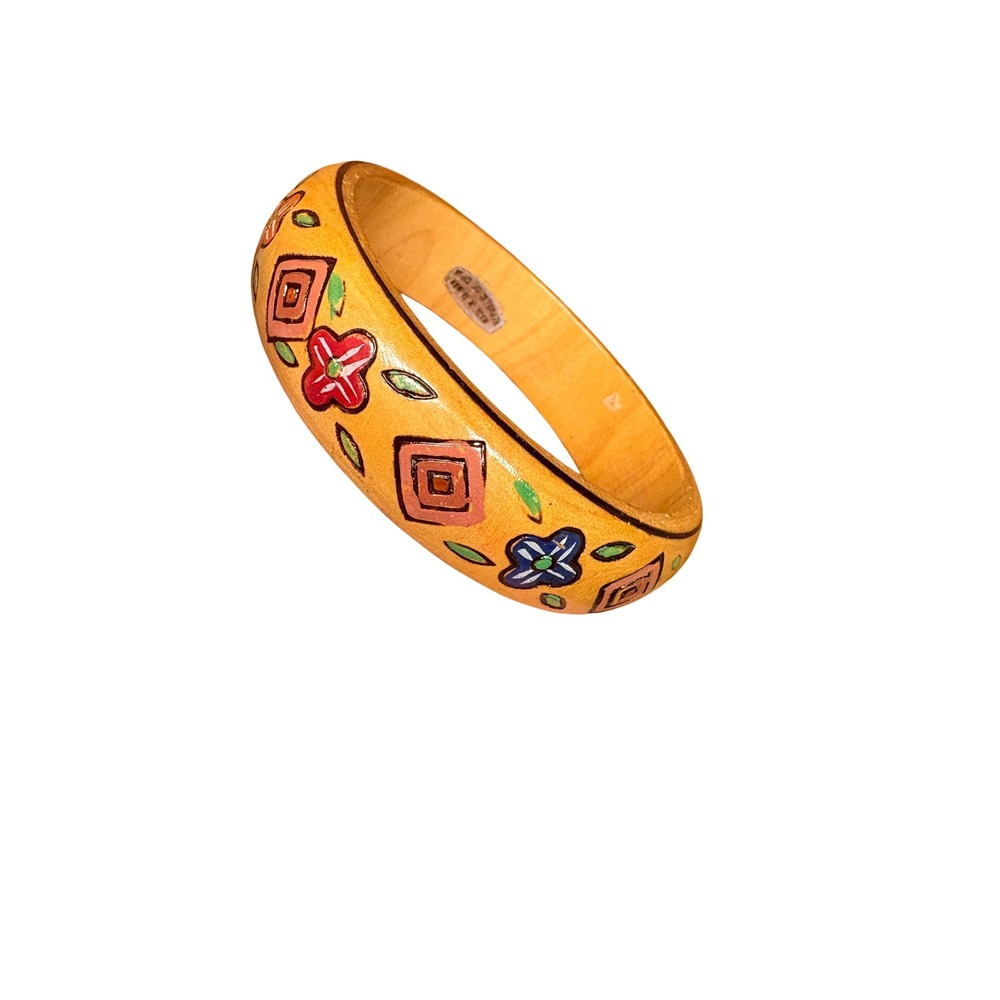 Hand Painted Floral Wood Bangle Bracelet‎ Yellow Geometric Folk Art